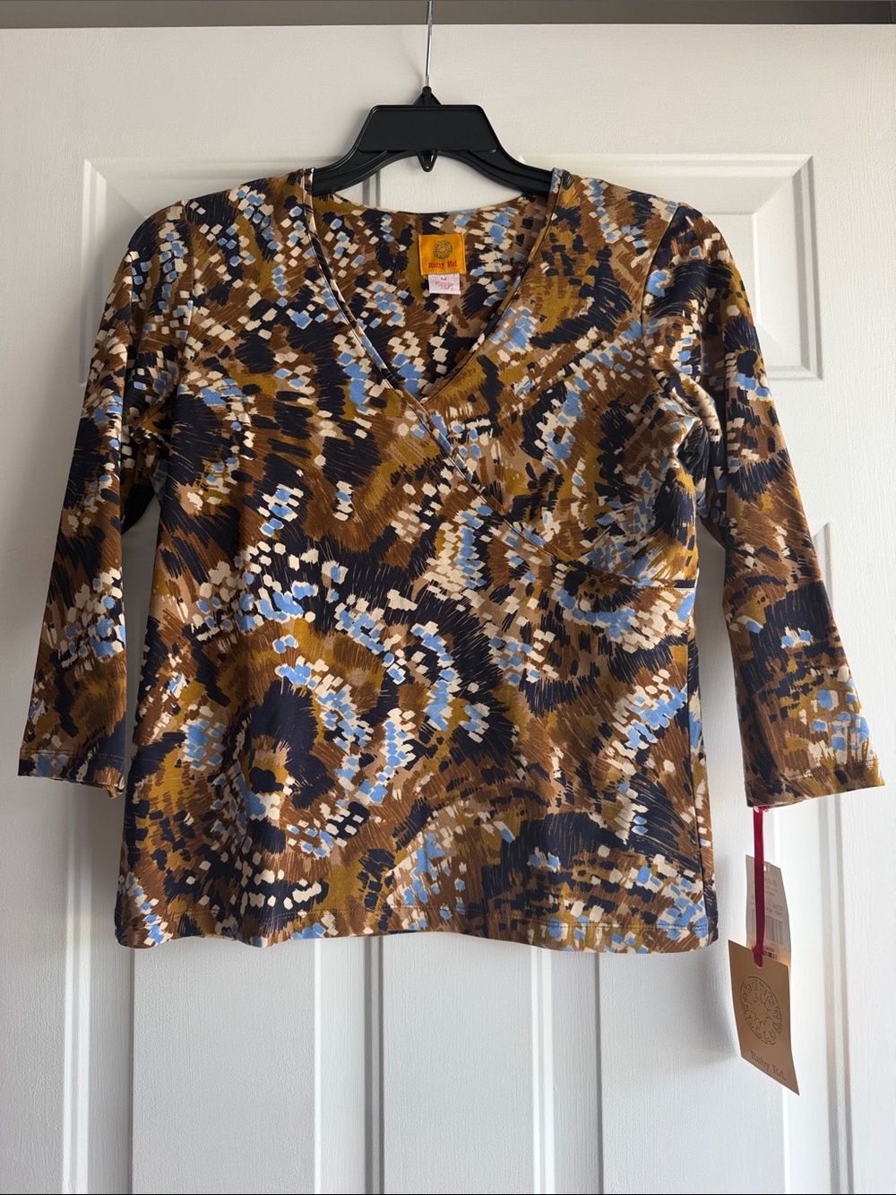 Ruby Rd. V-Neck 3/4 Sleeve Tee in Blue and Brown Abstract Print